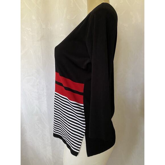 Exclusively Misook Top Sweater 3/4 Sleeve Knit Black Red White Striped V… - Picture 2 of 6